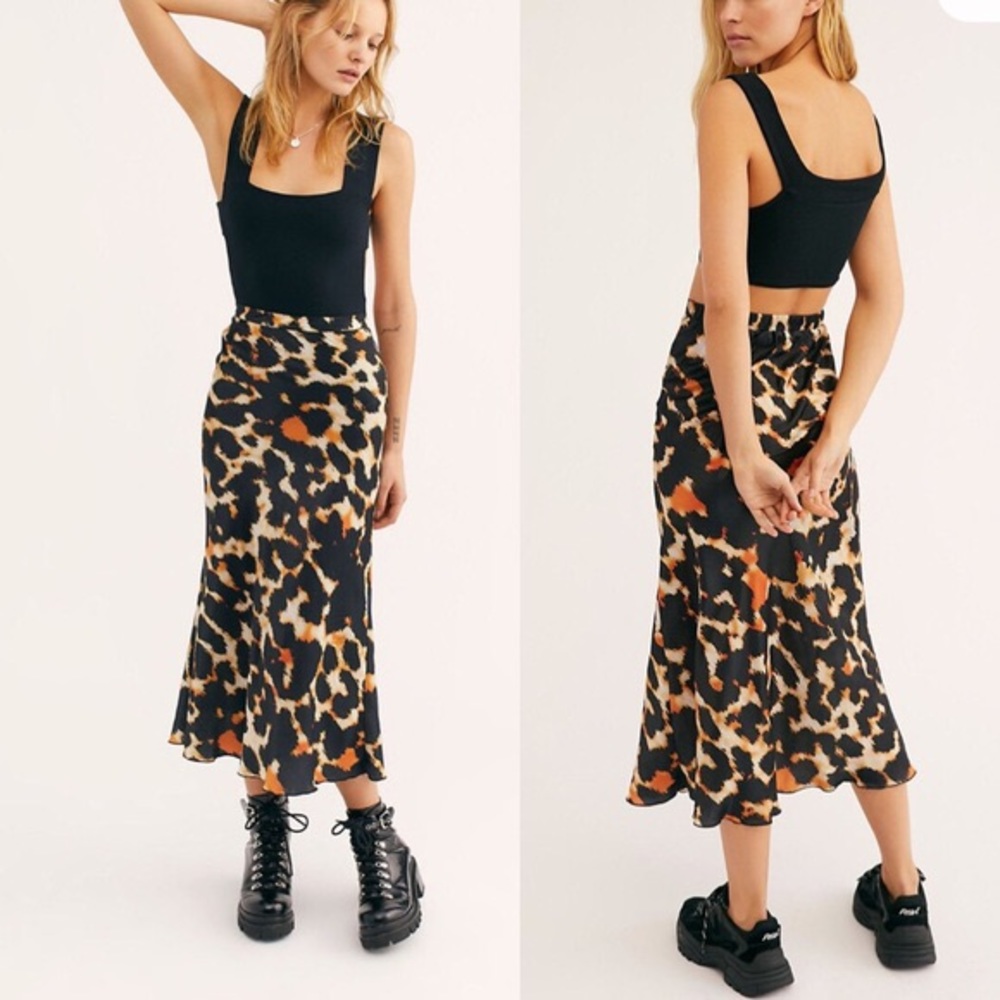 Free People “Kendall” Leopard Satin Midi Skirt